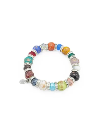 Murano glass multicolor large copper infused glass beads with bling stretch bracelet