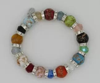 Multi colored Murano glass bead bracelet with mini bling interspersed on a strong stretch bracelet