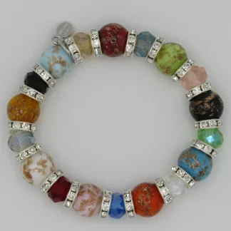Multi colored Murano glass bead bracelet with mini bling interspersed on a strong stretch bracelet