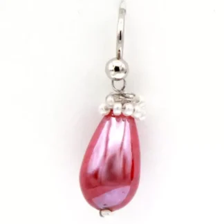 Crimson red Venetian glass drop earrings, eggplant shape topped with mini pearls
