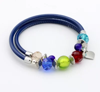Blue leather wrap bracelet with multi color Murano glass and crystal beads