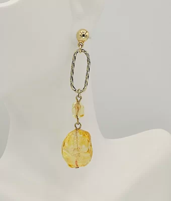 drop pendant earring with amber glass