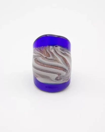 Lampworked blue Murano glass large ring with white and copper swirling center, lots of sparkle