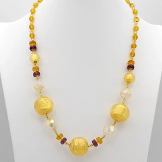 Murano gold, violet and clear crystal Murano glass bead necklace 23 inch