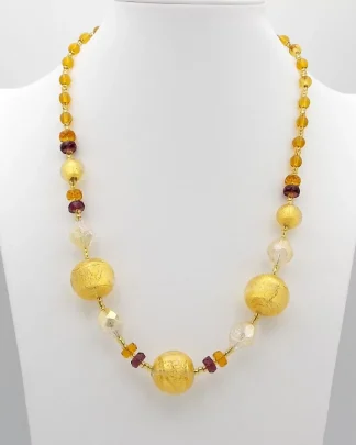 Murano gold, violet and clear crystal Murano glass bead necklace 23 inch