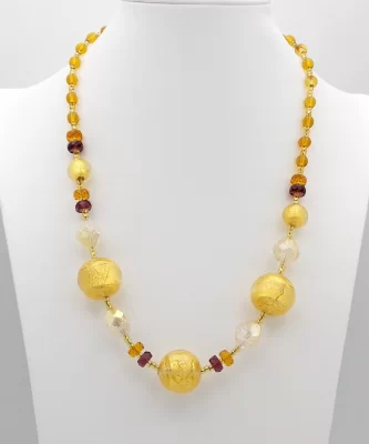 Murano gold, violet and clear crystal Murano glass bead necklace 23 inch