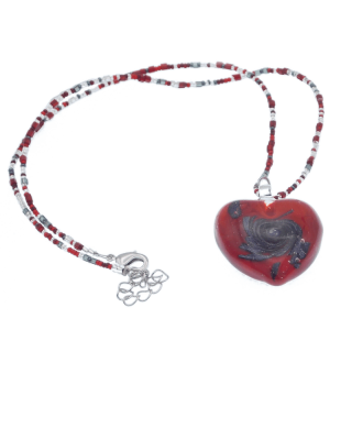 Red Murano glass heart with on beaded cord infused with silver