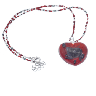 Red Murano glass heart with on beaded cord infused with silver
