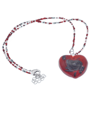 Red Murano glass heart with on beaded cord infused with silver