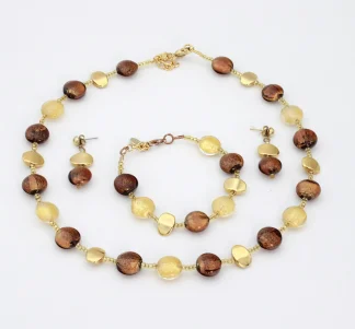 caramel and gold Murano glass necklace, bracelet and earring set