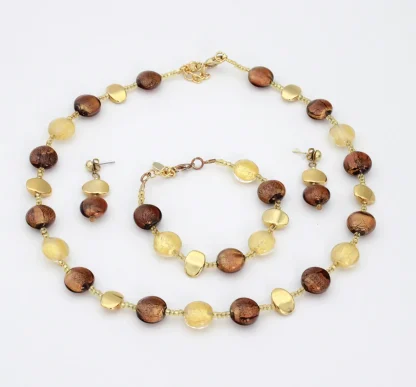 caramel and gold Murano glass necklace, bracelet and earring set