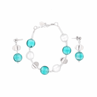 Aqua and white color Murano glass beads with silver foil infusion bracelet and earring set