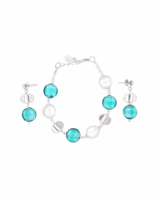 Aqua and white color Murano glass beads with silver foil infusion bracelet and earring set
