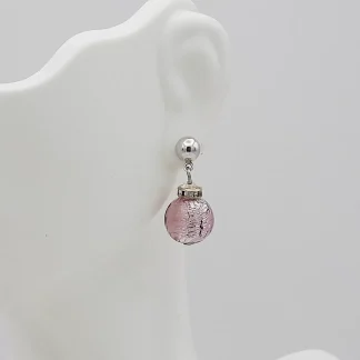 Pink Murano glass round ball drop earring on stud with mini bling