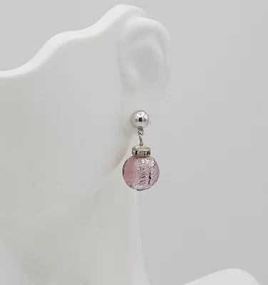 Pink Murano glass round ball drop earring on stud with mini bling