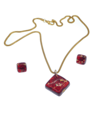 Diamond shape red and gold pendant and earring set