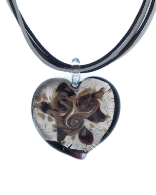 large Murano glass heart silver on black glass with gold and copper swirls on multi stranded cord