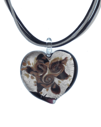 large Murano glass heart silver on black glass with gold and copper swirls on multi stranded cord