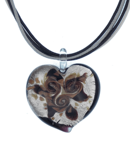 large Murano glass heart silver on black glass with gold and copper swirls on multi stranded cord