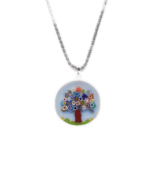 Colorful millefiori tree design necklace in clear glass set in silver