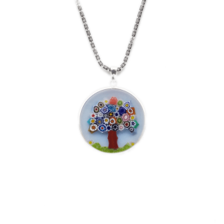 Colorful millefiori tree design necklace in clear glass set in silver