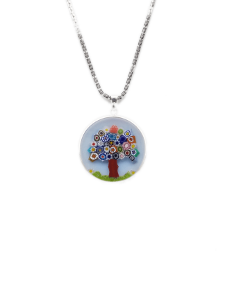 Colorful millefiori tree design necklace in clear glass set in silver