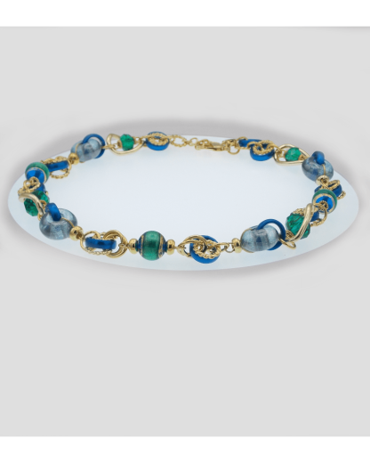 Murano necklace greens, blues varied styled beads with gold links