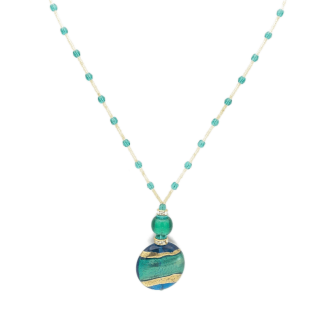 Aqua, gold and blue Murano glass necklace on a beaded cord