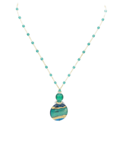 Aqua, gold and blue Murano glass necklace on a beaded cord