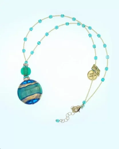 aqua, gold and blue Murano pendant with detailed fully beaded chain and large two inch bead