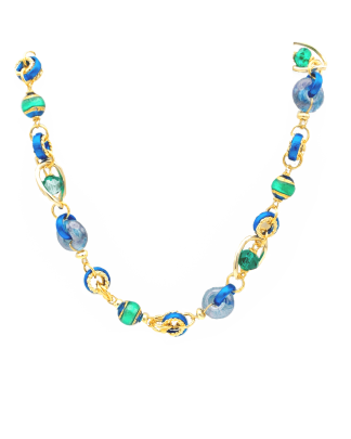 Murano elaborate necklace teal, blues, gold, 18 inch