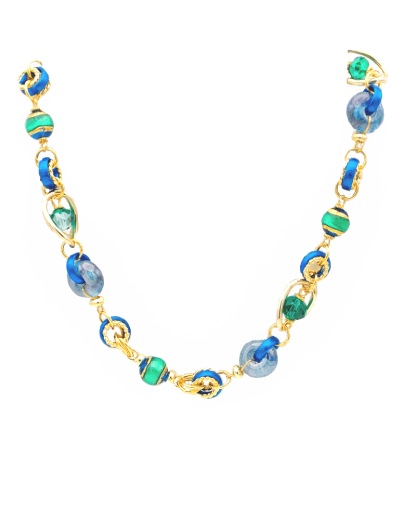 Murano elaborate necklace teal, blues, gold, 18 inch