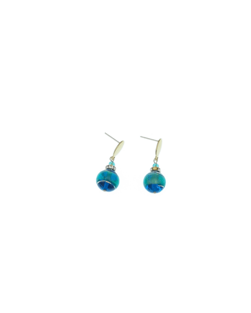 Earrings in Murano striking blue, aqua and gold. dainty one drop orb hanging earring with detail, high quality