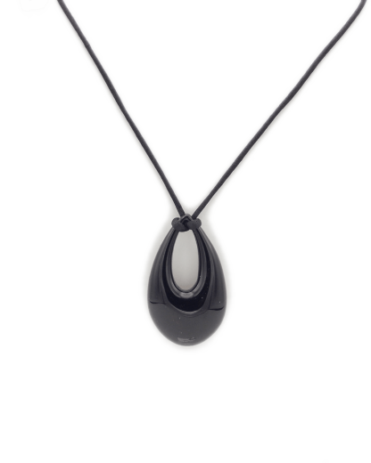 Glossy black Murano glass large teardrop shape pendant on cotton cord
