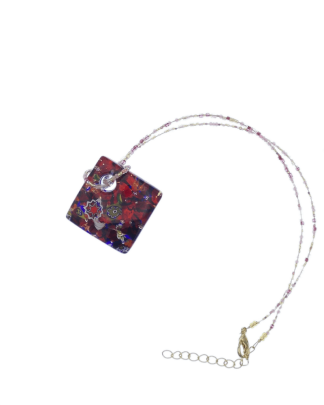Red square Murano glass pendant on beaded glass cord