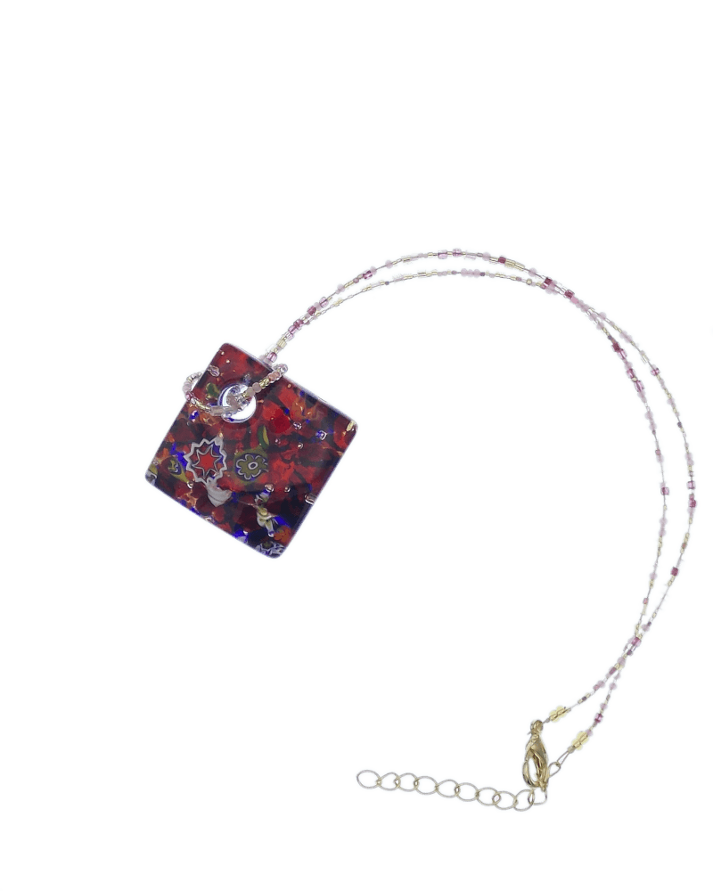 Red square Murano glass pendant on beaded glass cord