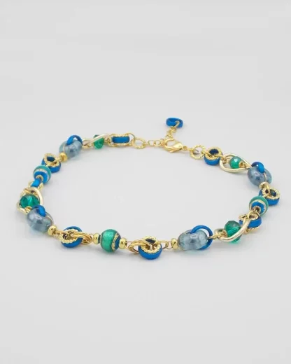 Murano glass necklace blues, greens and gold medley of shapes and colors with gold links