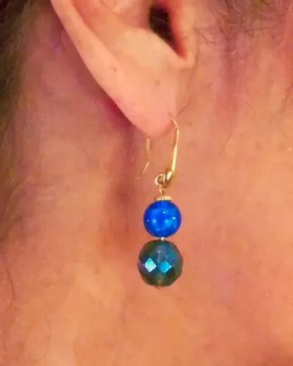 double drop Murano blues earrings with bevel gls and lampwork glass on gold wires