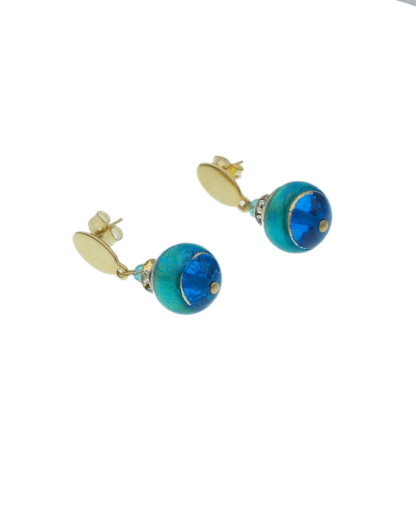 Earrings aqua color and blue Murano glass drop balls on stud earrings