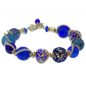 blue murano glass bracelet variety of bead types, ornate detail, lots of gold