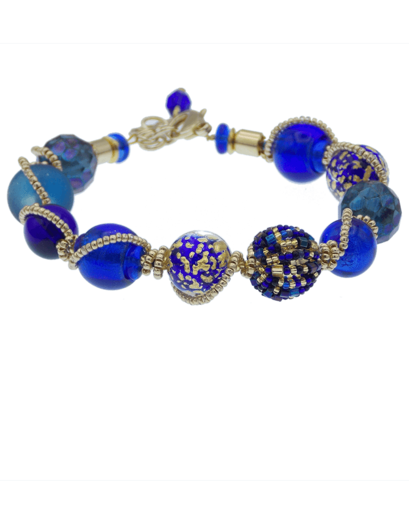 blue murano glass bracelet variety of bead types, ornate detail, lots of gold