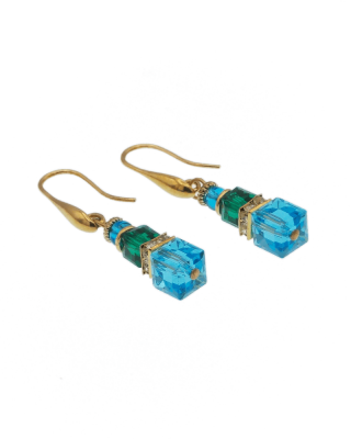 Drop earrings Murano glass stunning blue and green with small bling accent on goldtone wires