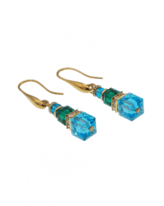 Drop earrings Murano glass stunning blue and green with small bling accent on goldtone wires