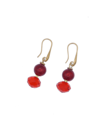double drop Murano red earrings on golden wires, 1.5 inches