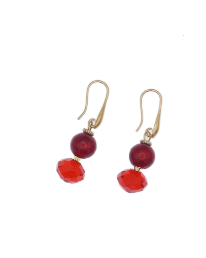 double drop Murano red earrings on golden wires, 1.5 inches
