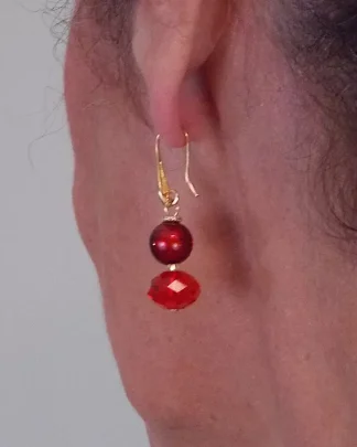 double drop Murano red earrings on golden wires, 1.5 inches