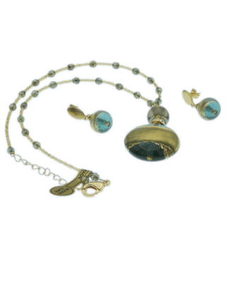 Murano glass pendant green and gold with detailed glass bead cord. 18 inches with matching earrings