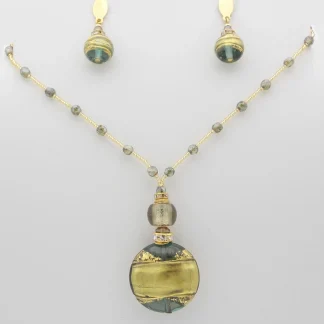 Subtle regal moss green and gold Murano glass drop necklace with a gold seed bead and clear green bead chain.