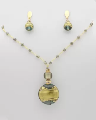 Subtle regal moss green and gold Murano glass drop necklace with a gold seed bead and clear green bead chain.