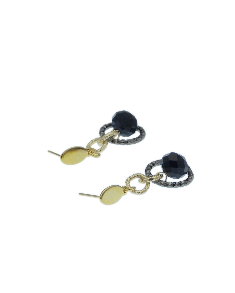 detailed gold and silver tone metal drop earrings with black Murano glass
